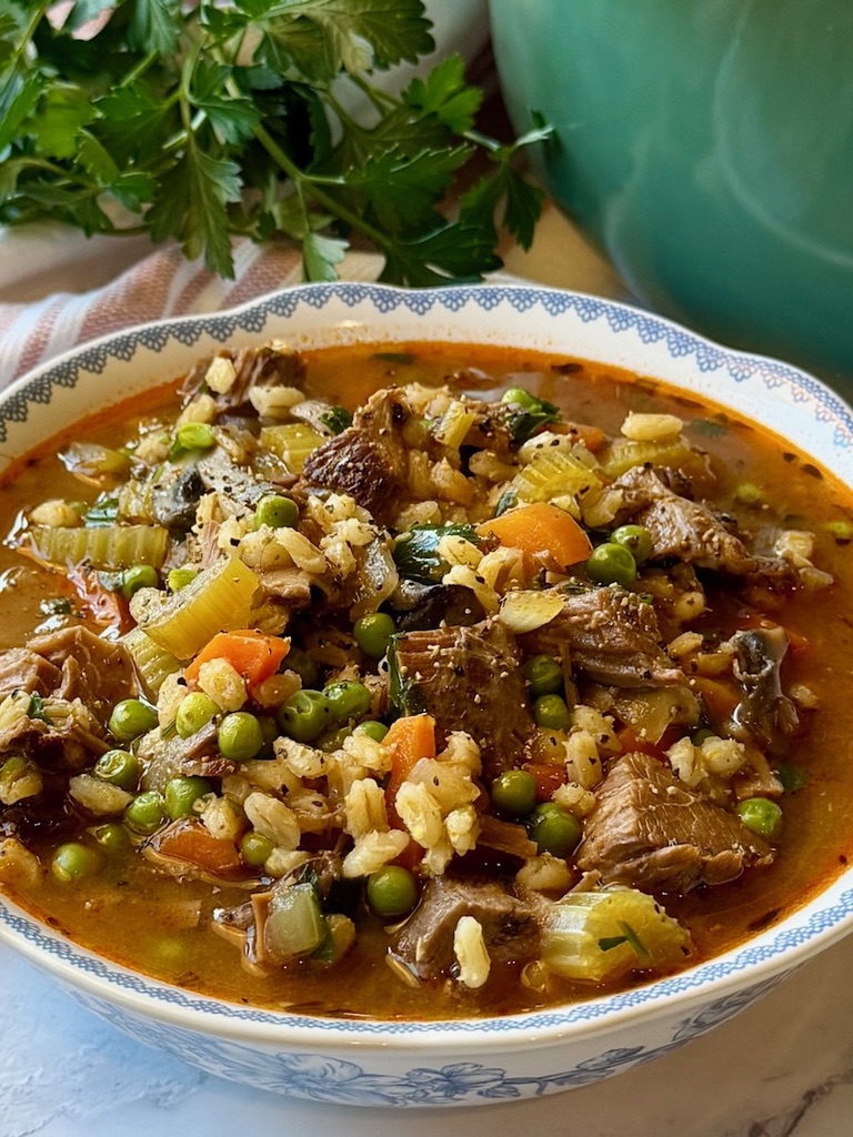 A bowl with beef barley stew