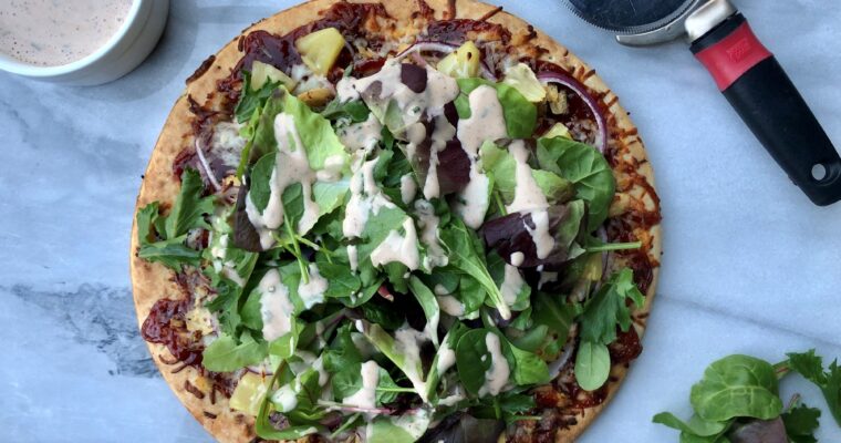Barbeque Chicken Pizza Salad with Creamy BBQ Ranch dressing