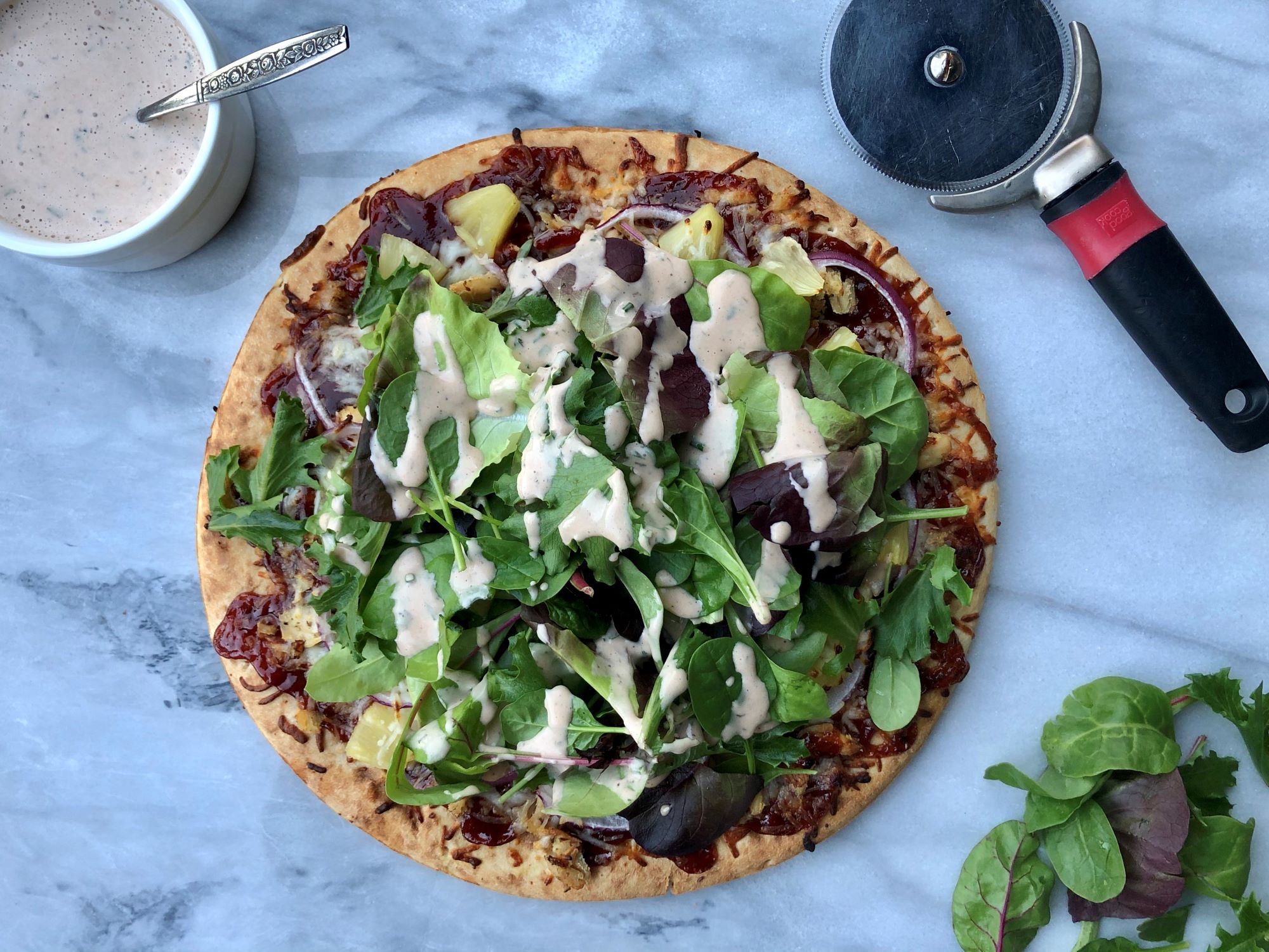 Barbeque Chicken Pizza Salad with Creamy BBQ Ranch dressing