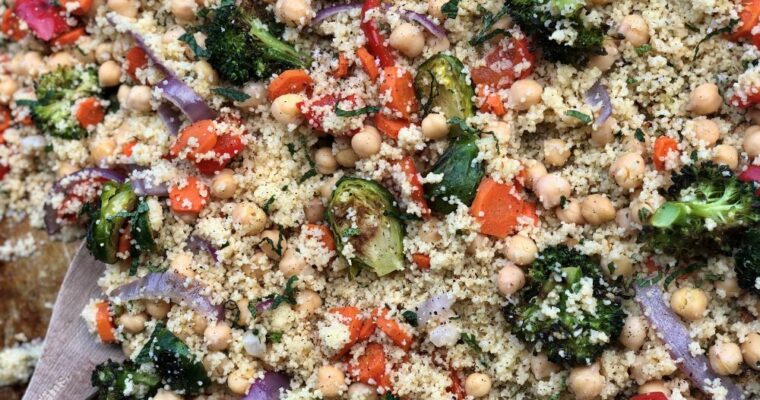 Sheet Pan Roasted Veggies & Couscous With Mint Dressing