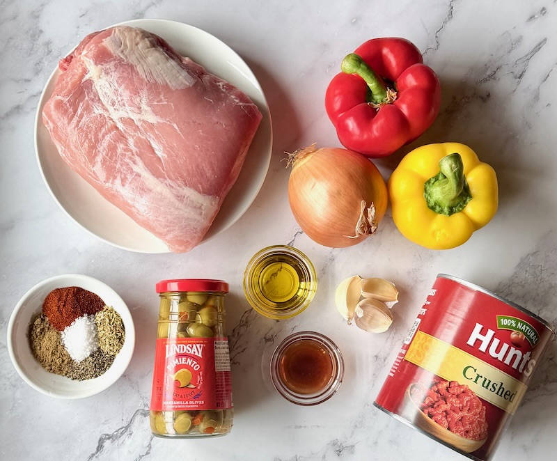 Ingredients displayed for Slow Cooker Spanish Pulled Pork.