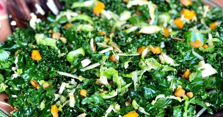 Kale salad with dried peaches and balsamic dressing