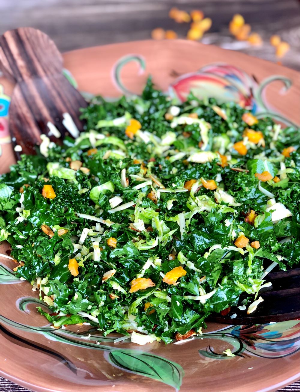 Kale salad with dried peaches and balsamic dressing