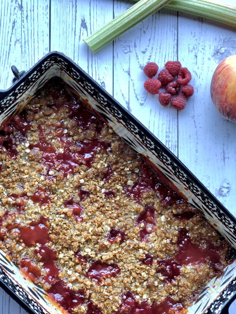 Rhubarb Crisp with Peaches and Raspberries