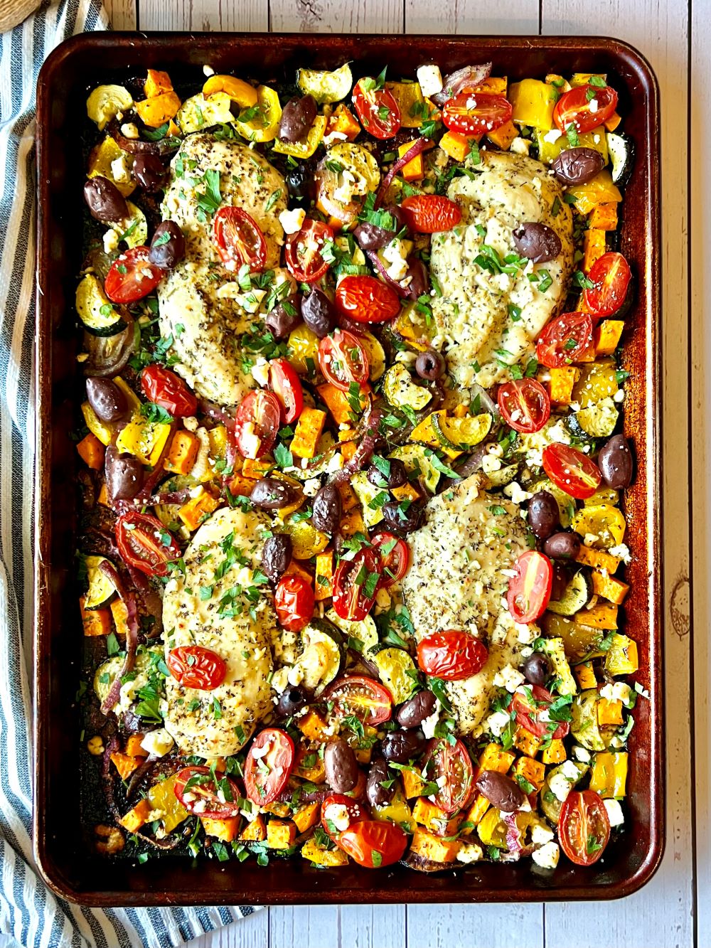 Chicken and veggies roasted on a sheet pan.