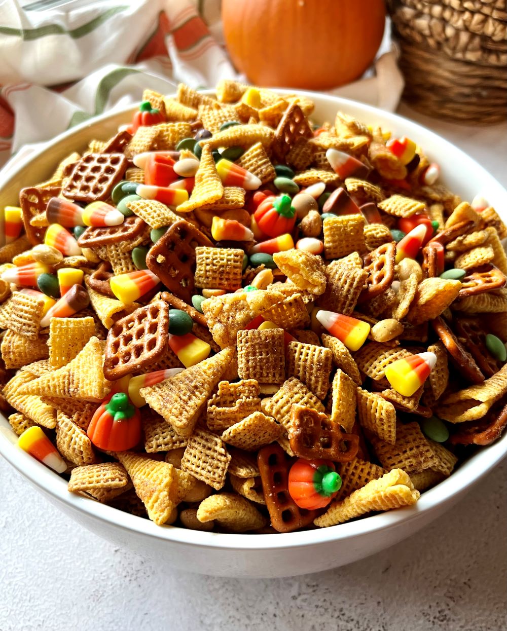 Chex mix in a large serving bowl