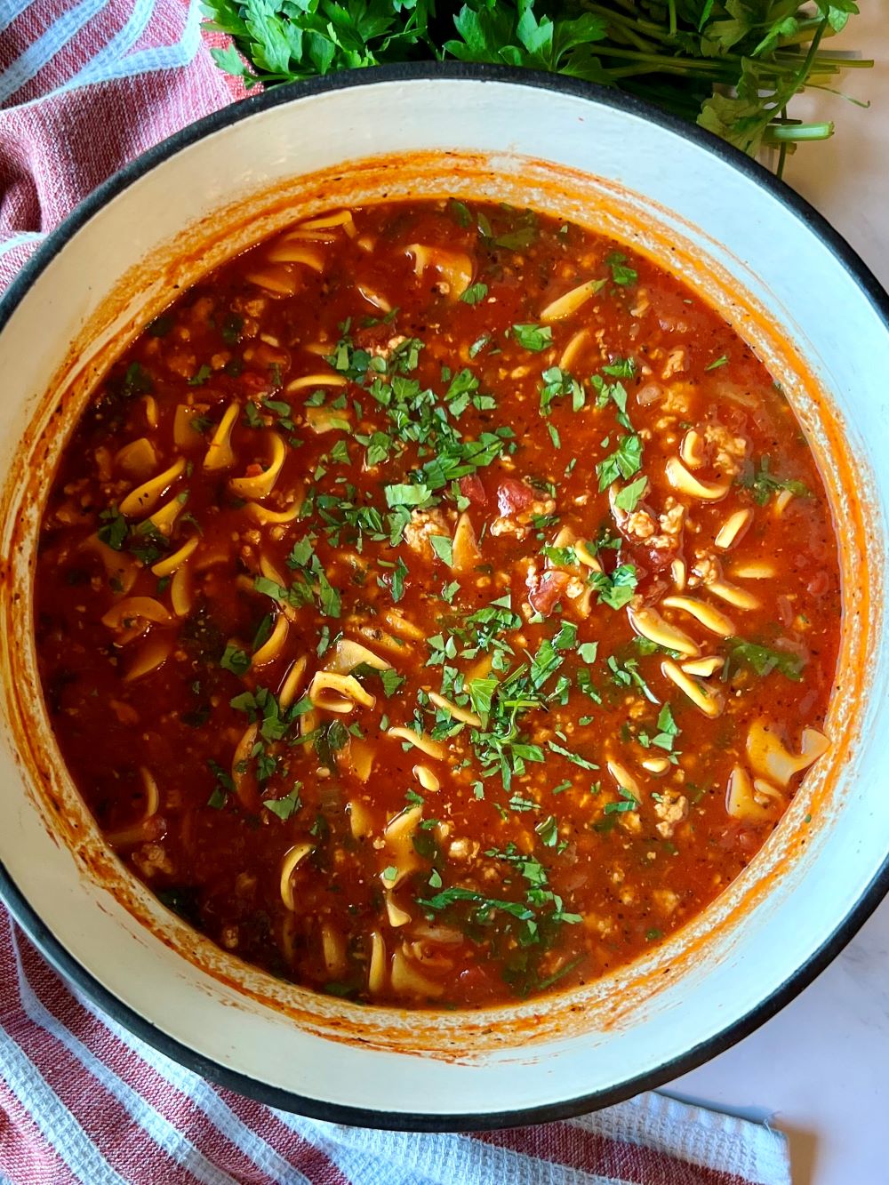 Pot with noodles and meat sauce