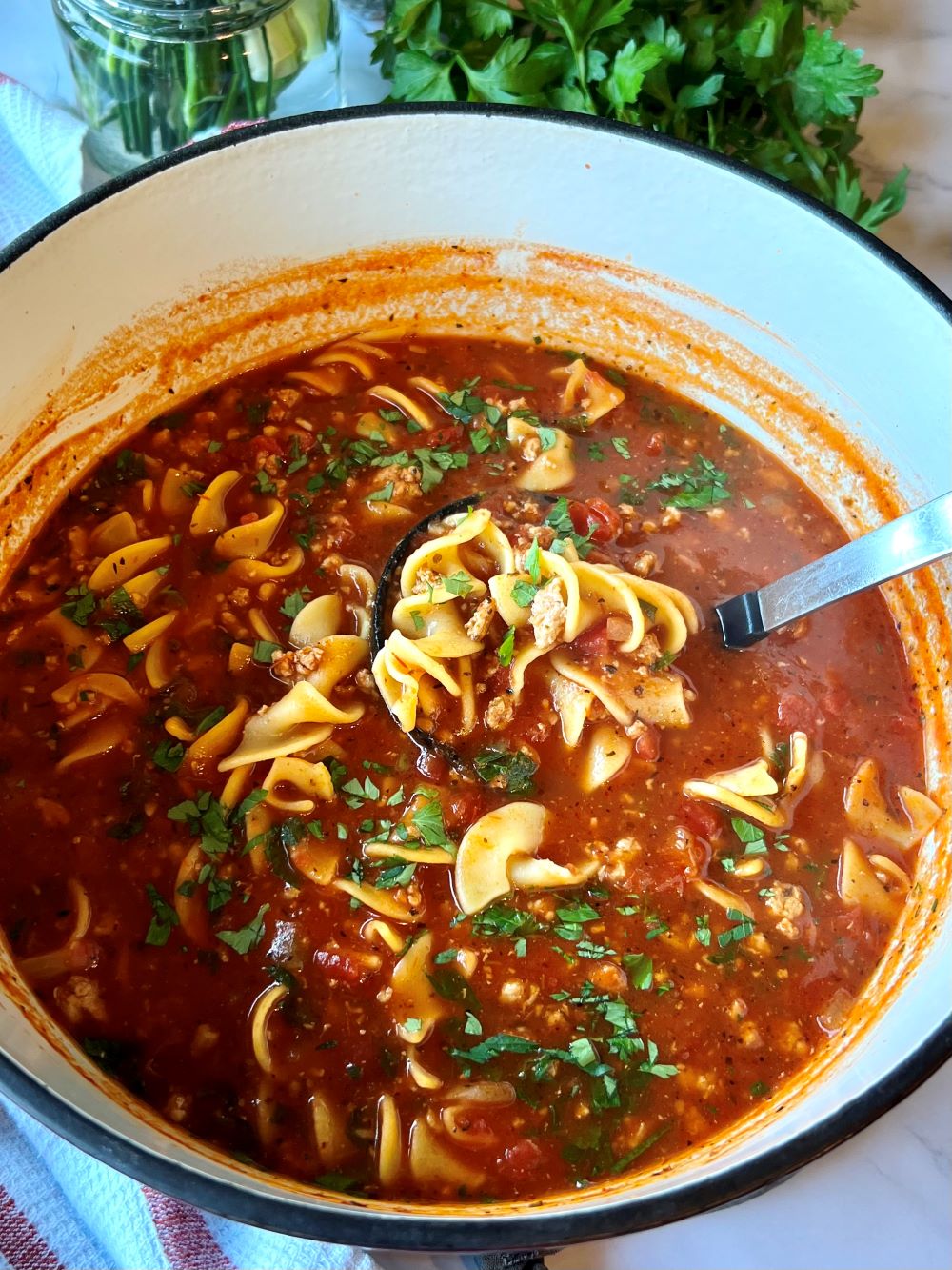 Pot of soup with noodles and meat sauce 