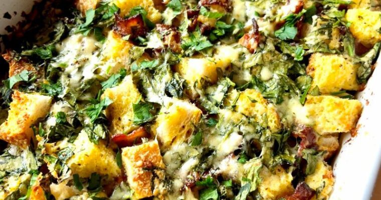 Breakfast Strata with Bacon and Spinach