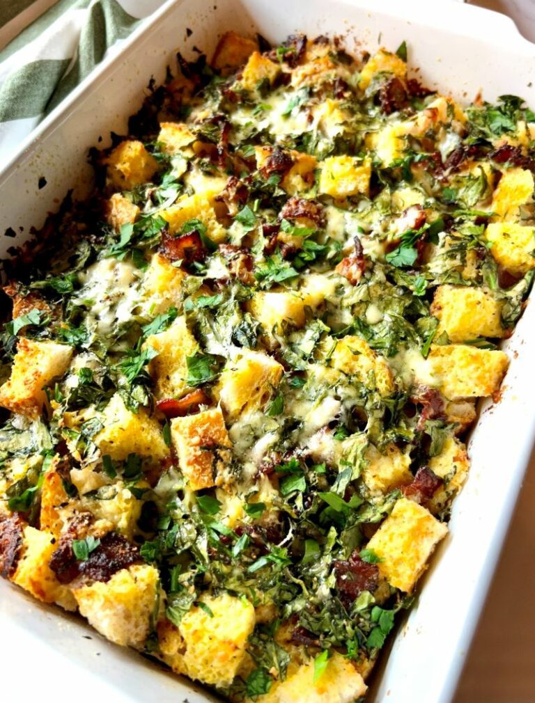Breakfast Strata with Bacon and Spinach