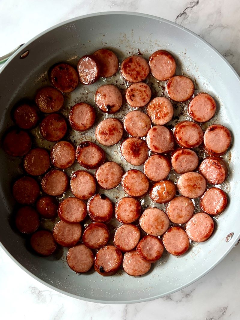 smoked sausage browned in a large skillet.