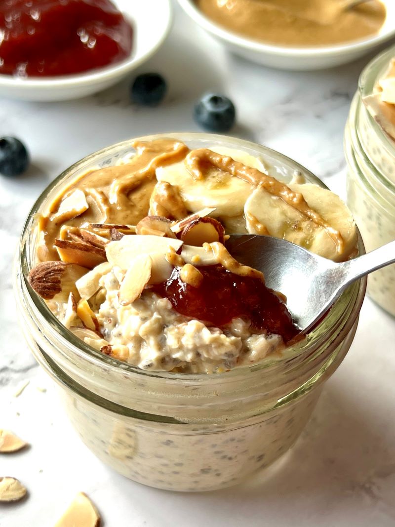 Prepared Peanut butter and jelly overnight oats. 