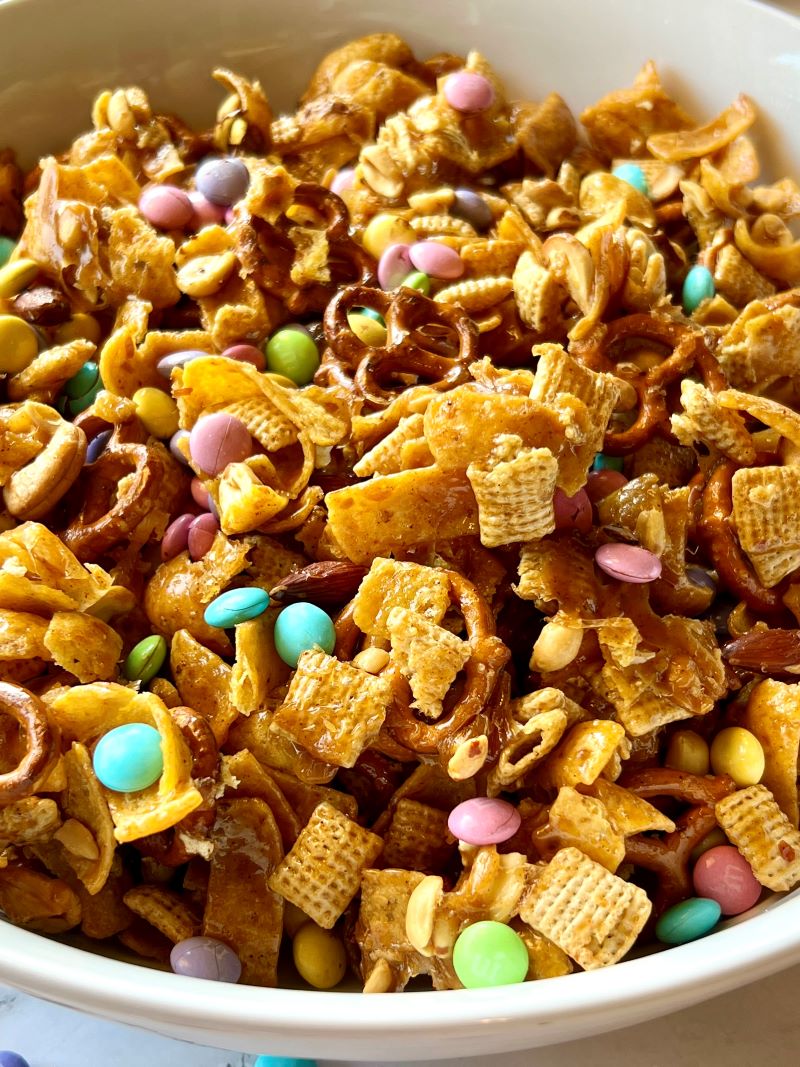 Serving bowl with sweet and spicy Frito snack mix