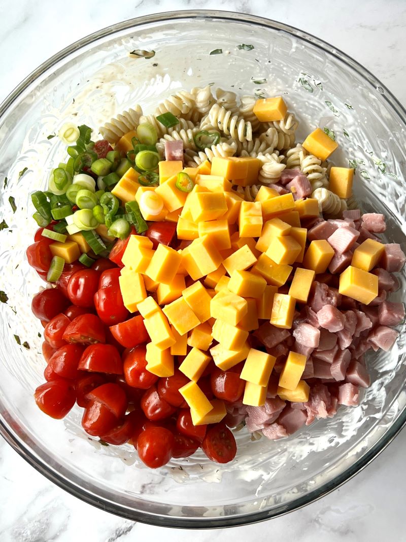 Ham, tomatoes, cheddar cheese cubes, and green onions tossed with the pasta and dressing. 
