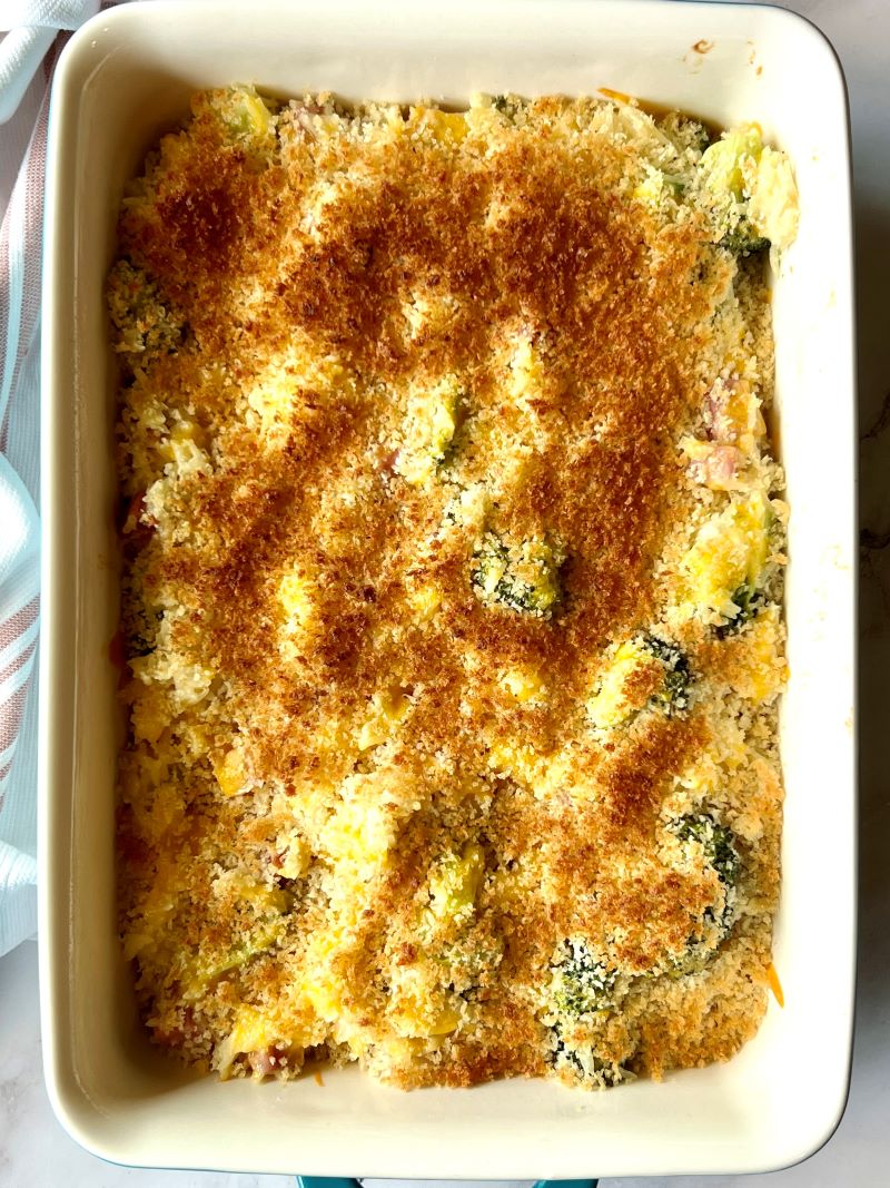 ham and broccoli rice casserole baked with golden brown panko crumbs on top. 