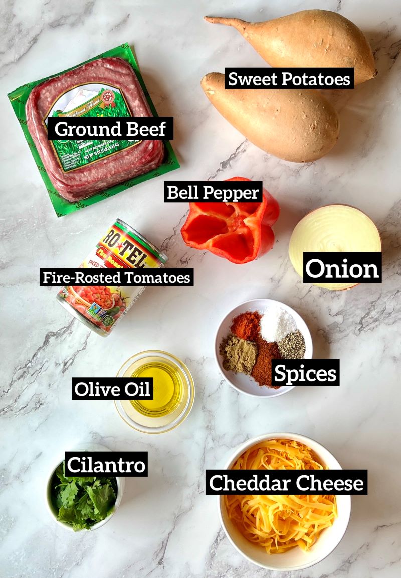 Ingredients displayed for ground beef sweet potatoes.