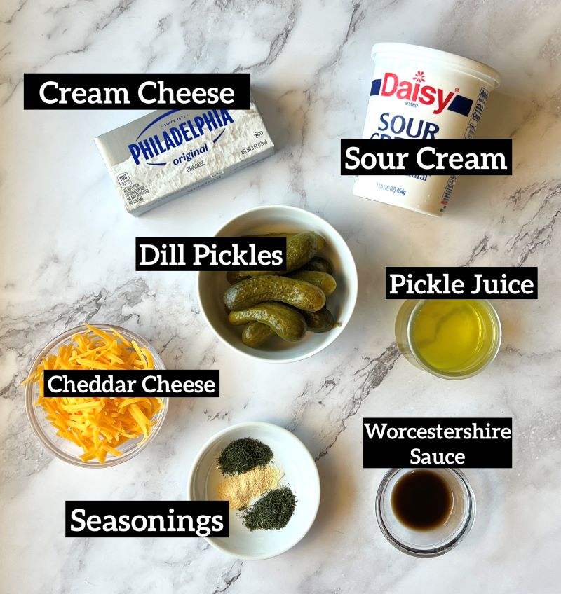 Ingredients displayed for easy dill pickle dip. Cream cheese, sour cream, dill pickles, pickle juice, cheddar cheese, garlic powder, dried dill, Worcestershire sauce.