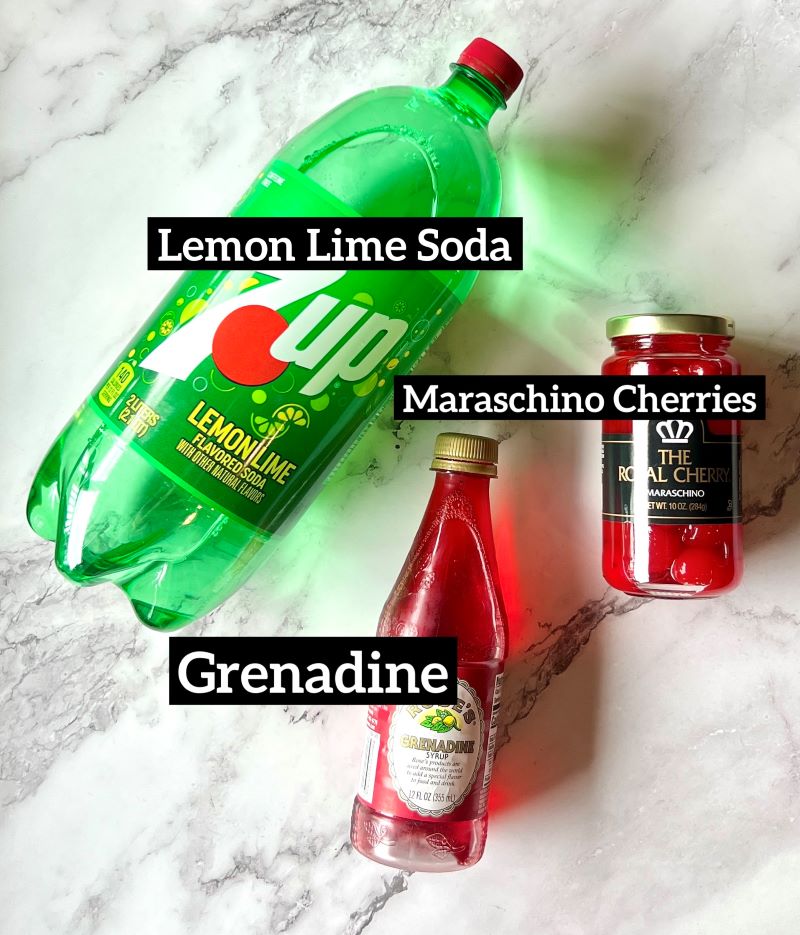 Ingredients set out for Shirley temples. 7-up, Maraschino cherries, Grenadine.