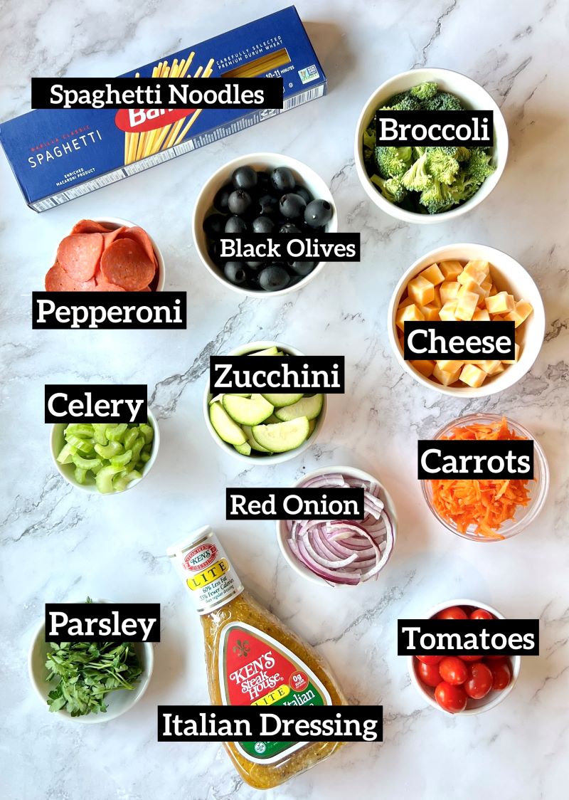Ingredients displayed for spaghetti pasta salad. Spaghetti noodles, broccoli, black olives, pepperoni, cheese, zucchini, celery, red onion, carrots, parsley, tomatoes, bottled Italian dressing.