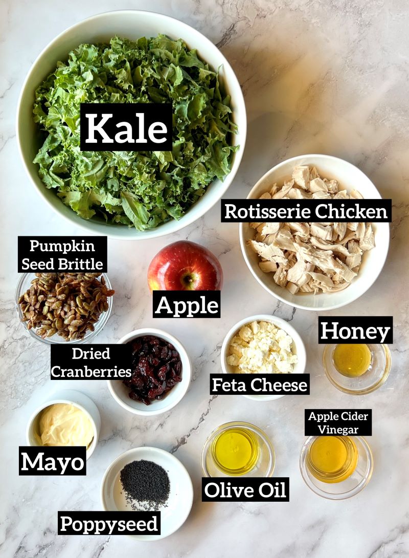 Ingredients displayed for kale crunch chicken salad. Chopped kale,  shredded rotisserie chicken, apple, dried cranberries, feta cheese, mayo, honey, apple cider vinegar, olive oil, poppy seeds, pumpkin brittle. 