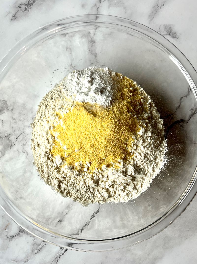 Dry ingredients mixed in a bowl.