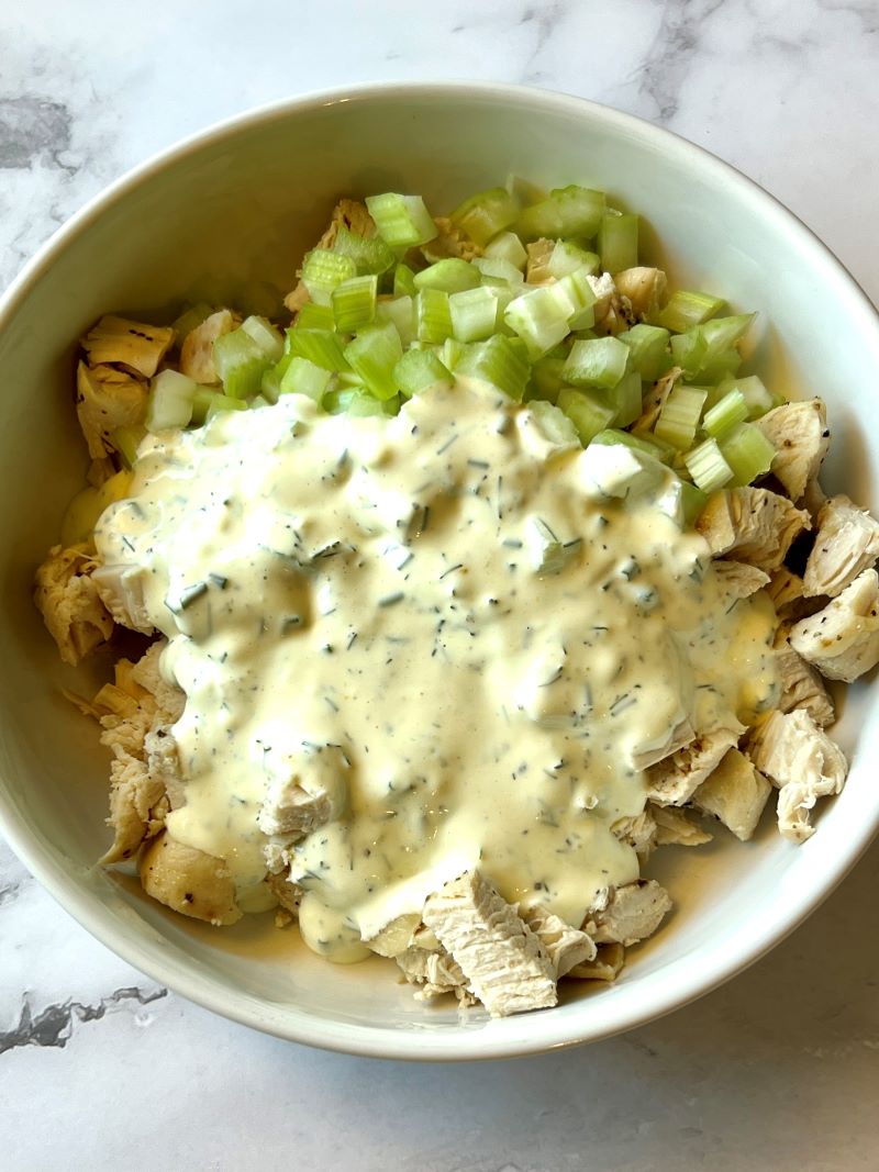 Chicken and celery tossed with creamy dressing. 