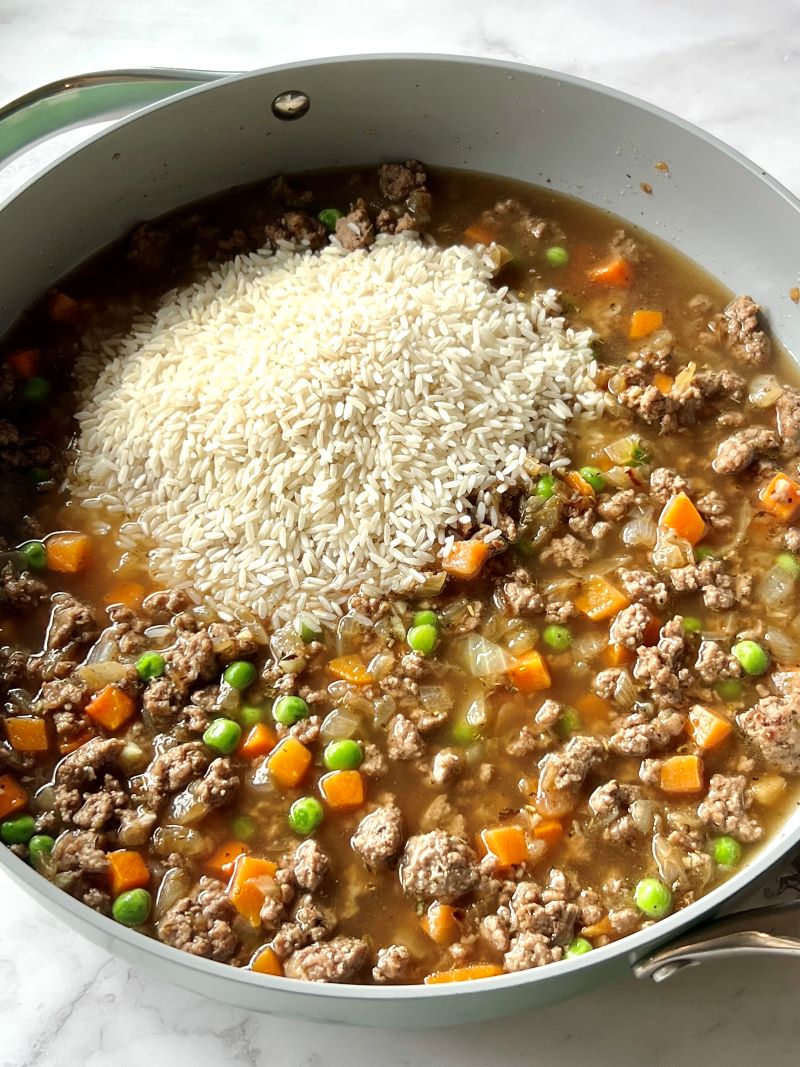 Rice, veggies and broth combined with ground beef and onions. 