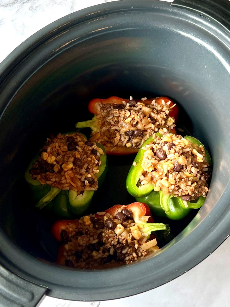 Bell peppers cut in half and stuffed with ground beef mixture. 
