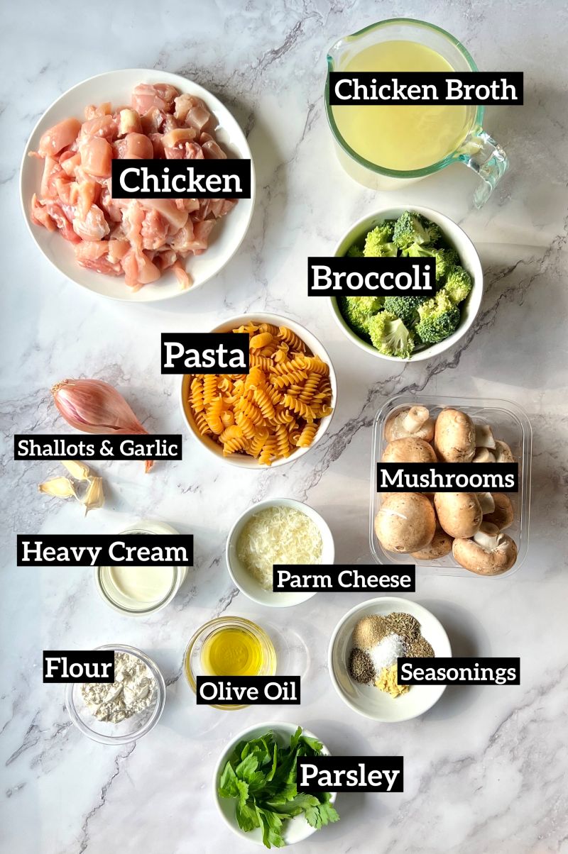 Ingredients displayed for one-skillet creamy chicken and mushrooms. Chicken pieces, chicken broth, broccoli, mushrooms, pasta, shallots and garlic, heavy cream, parm cheese, olive oil, seasonings, flour, and parsley.