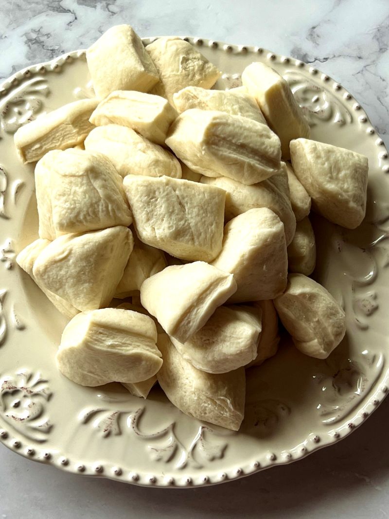 Biscuits cut in 4 pieces.