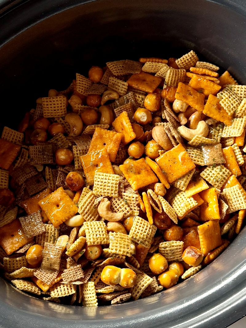 Ranch butter sauce poured over Chex mix. 