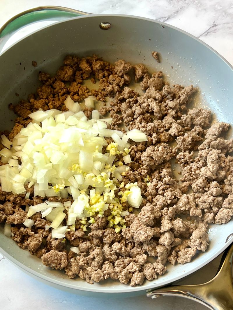 Ground beef cooked with onions and garlic.