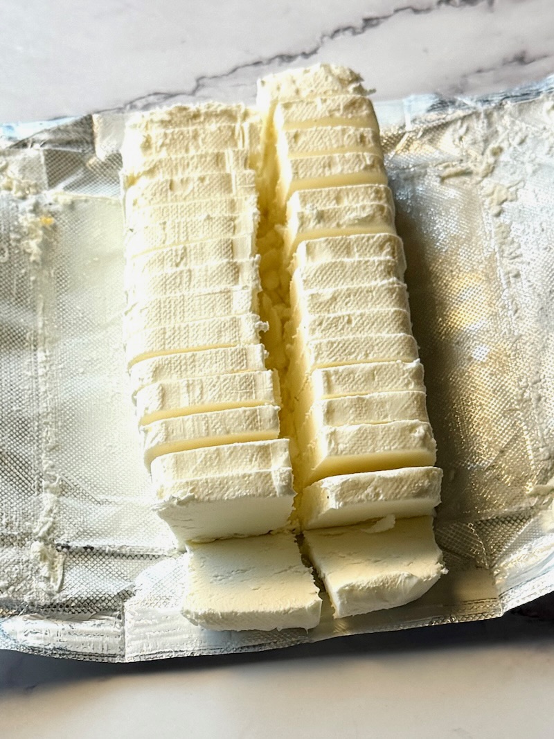 Cream cheese sliced in squares