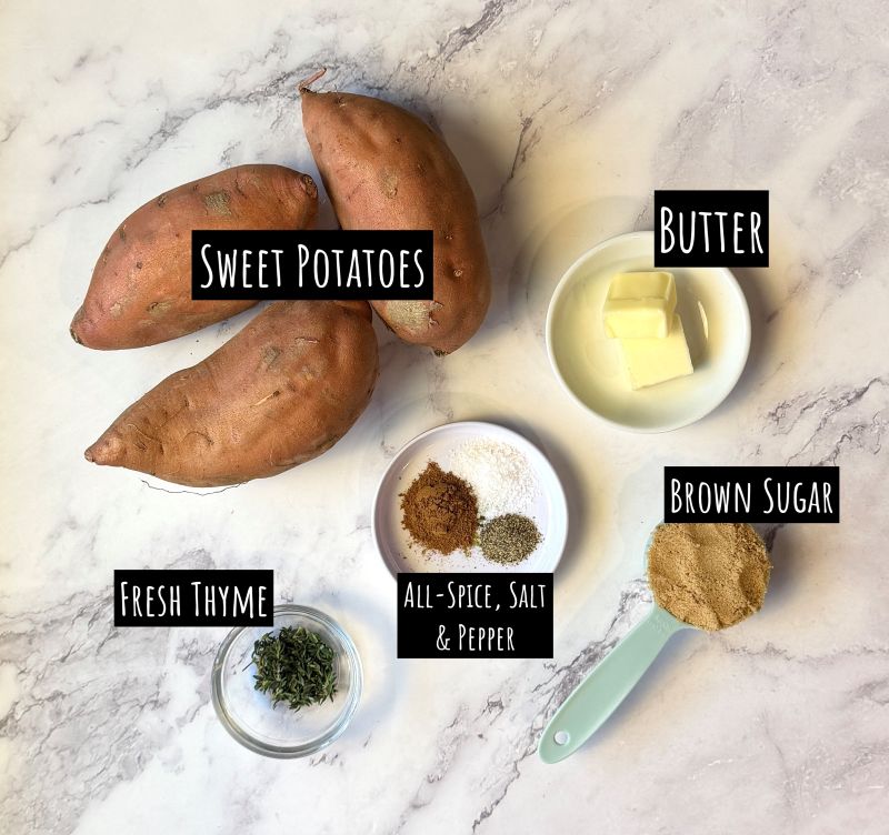 Ingredients displayed for roasted sweet potatoes with brown sugar. Sweet potatoes, butter, brown sugar, fresh thyme, all-spice, salt and pepper.