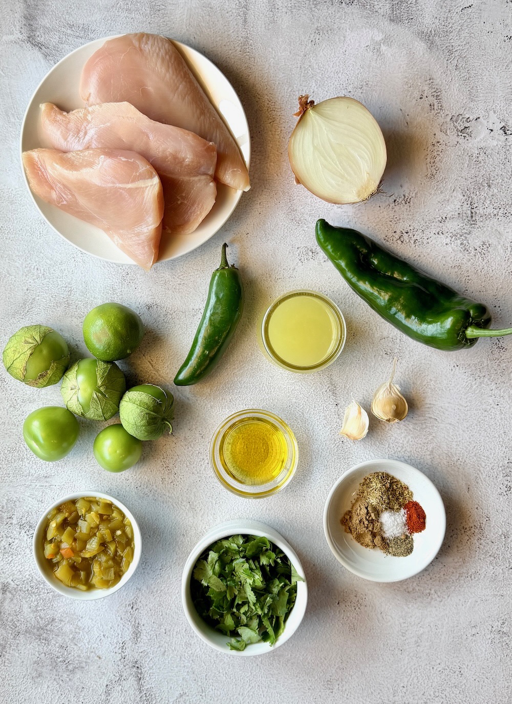 Ingredients displayed for chicken chili verde. Chicken breast, onions, garlic, tomatillos, poblano peppers, jalapeños, chicken broth, green chilis, olive oil, spices, and cilantro.