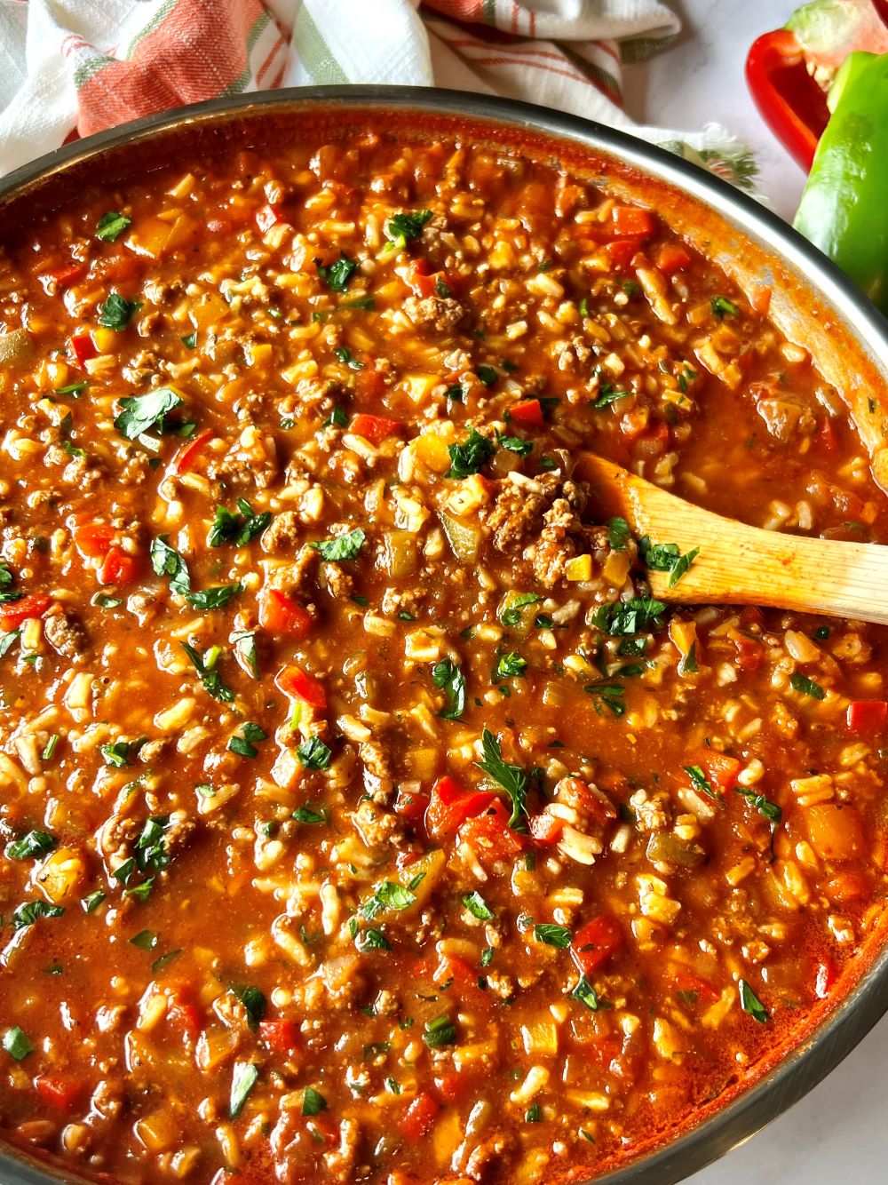 Stuffed pepper soup in a large skillet.