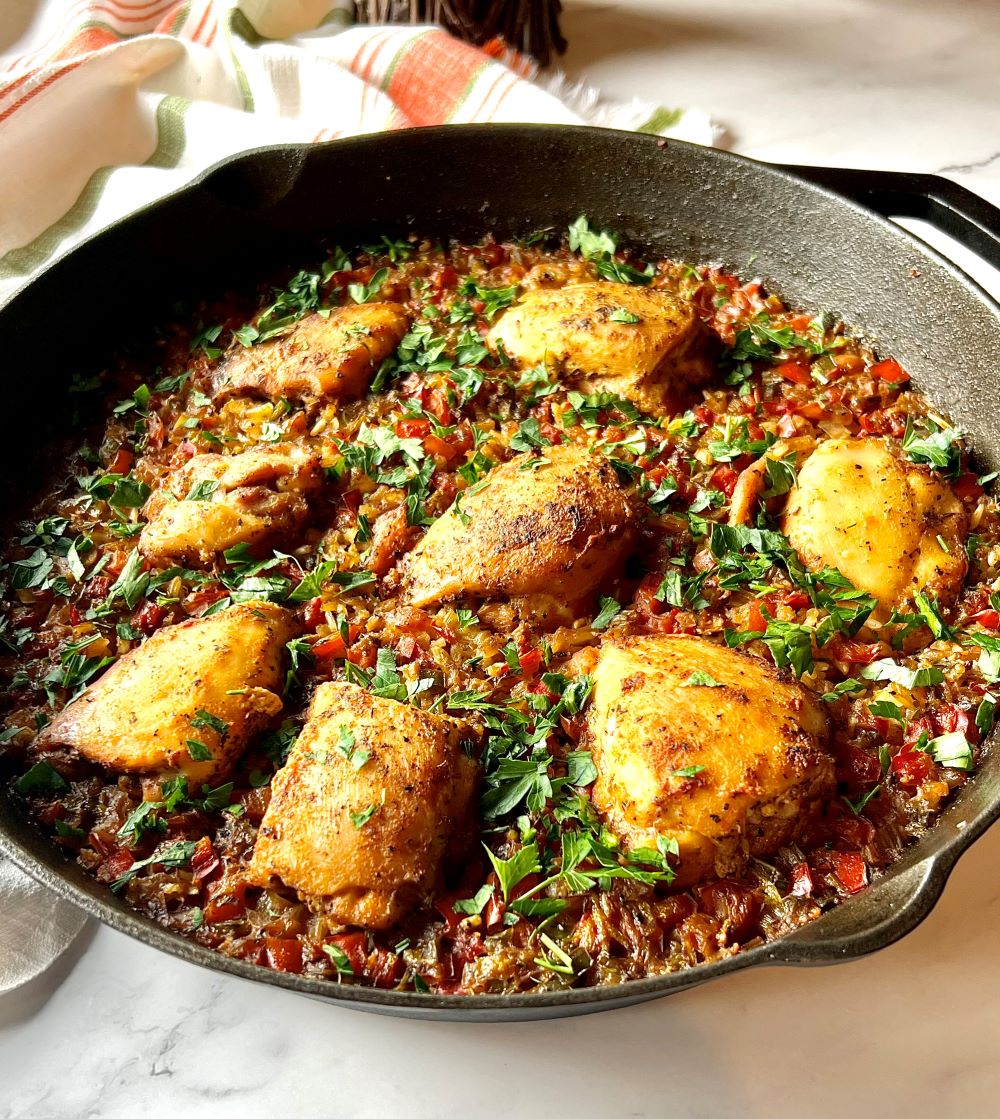 Chicken and rice in a cast iron skillet