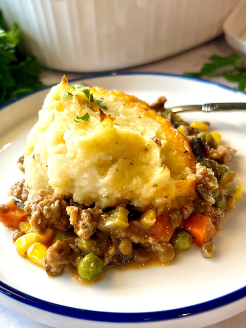 A serving of healthy ground turkey shepherd's pie.