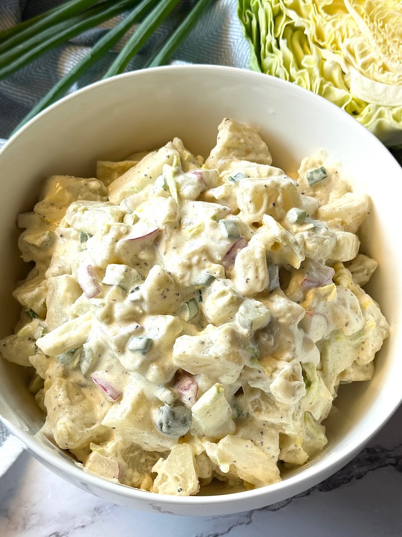 Irish potato salad prepared in a serving bowl.