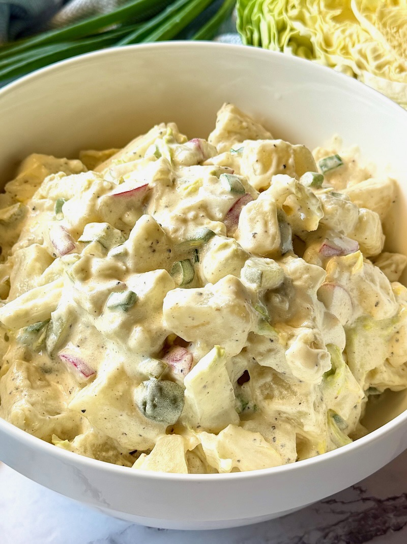 Irish potato salad prepared in a serving bowl.