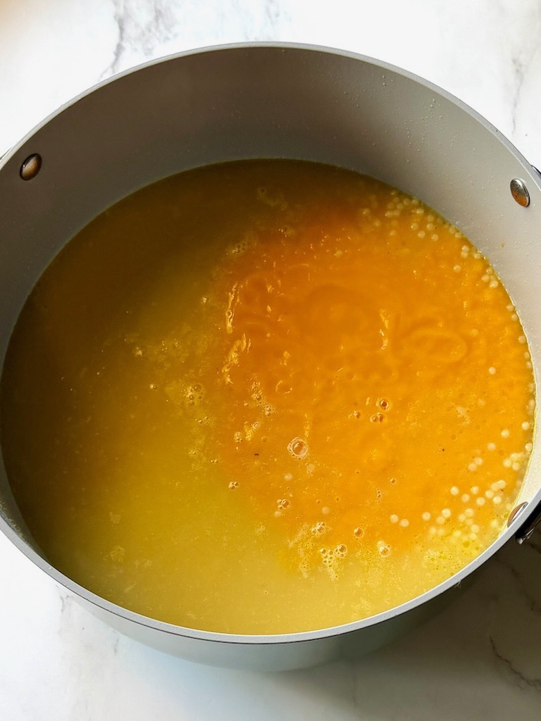 pureed veggies in the soup pot with pasta