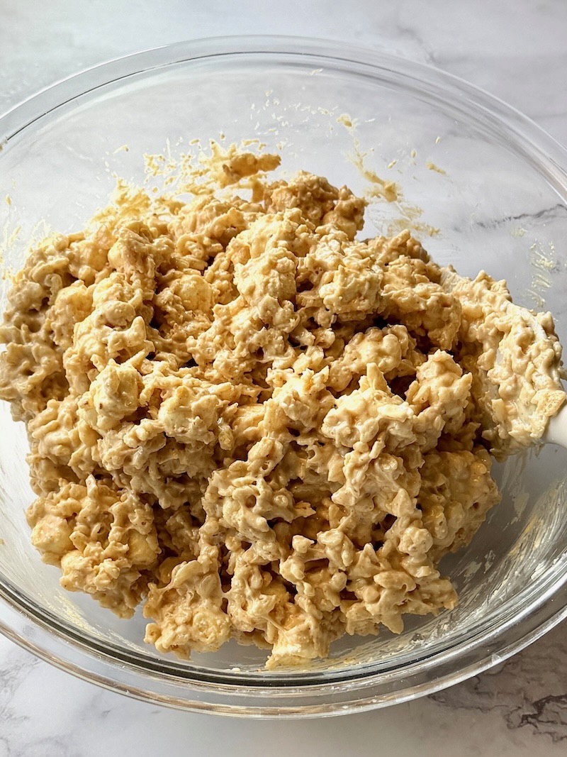 Marshmallows combined with the cereal mixture. 
