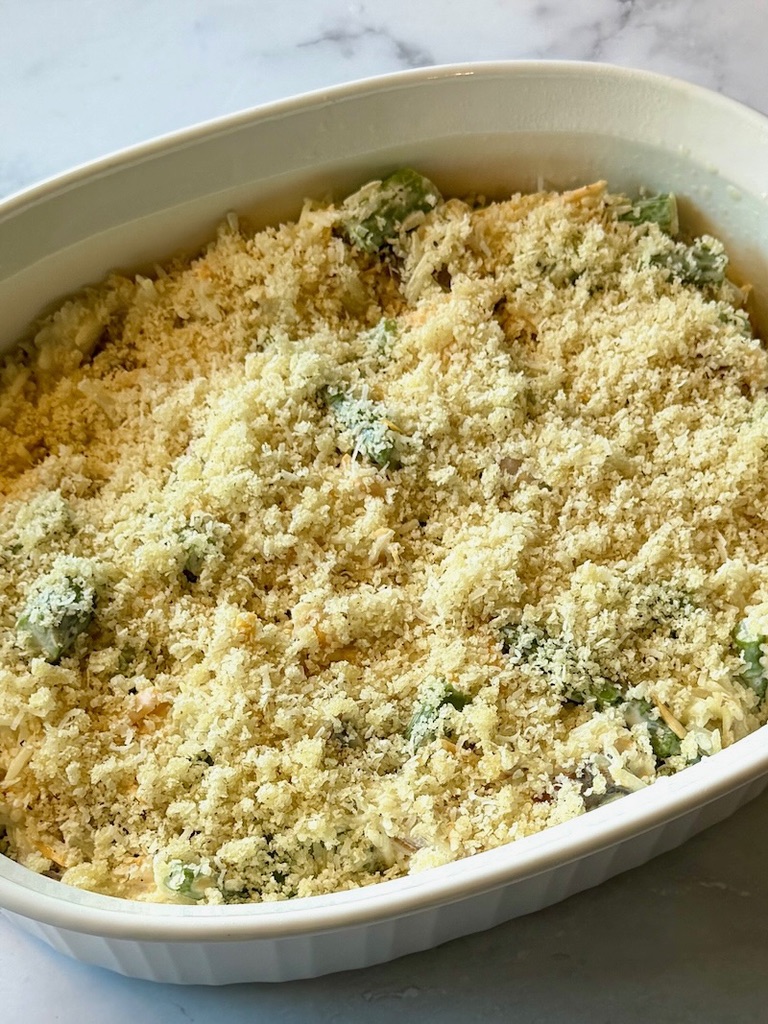 Asparagus and rice topped with panko crumb topping in a casserole dish