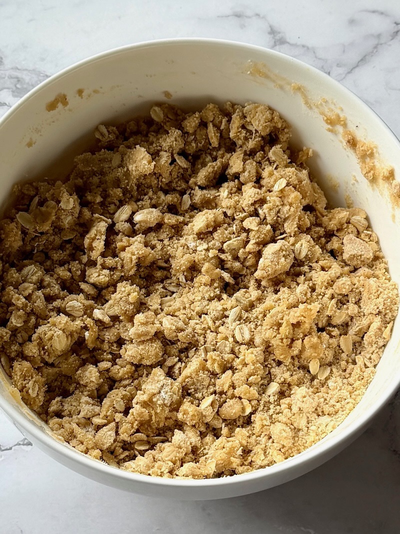 Crumble dough combined in a bowl.