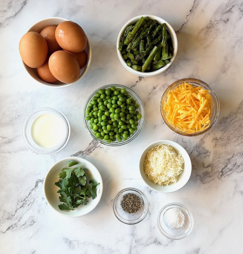 Ingredients displayed for Spring frittata with asparagus and peas