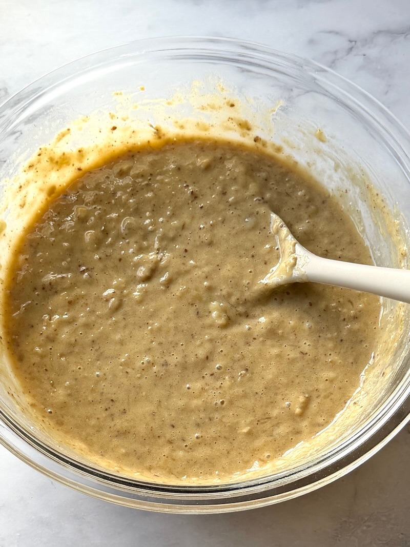 Dry ingredients mixed with wet ingredients. 