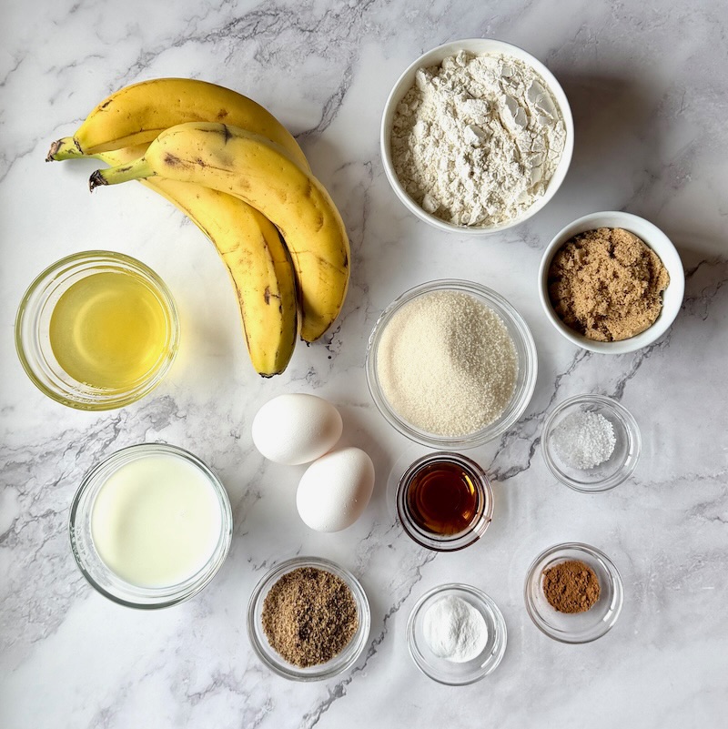 Ingredients displayed for easy fluffy banana muffins. 
