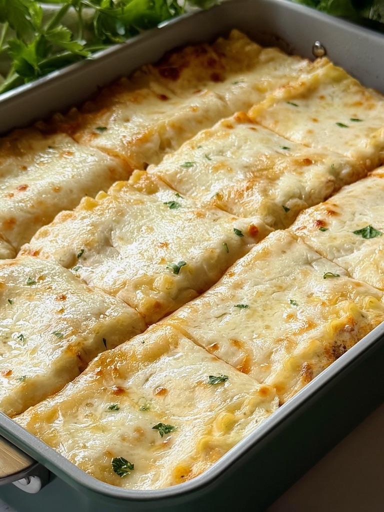 Sour cream lasagna sliced in squares in baking dish