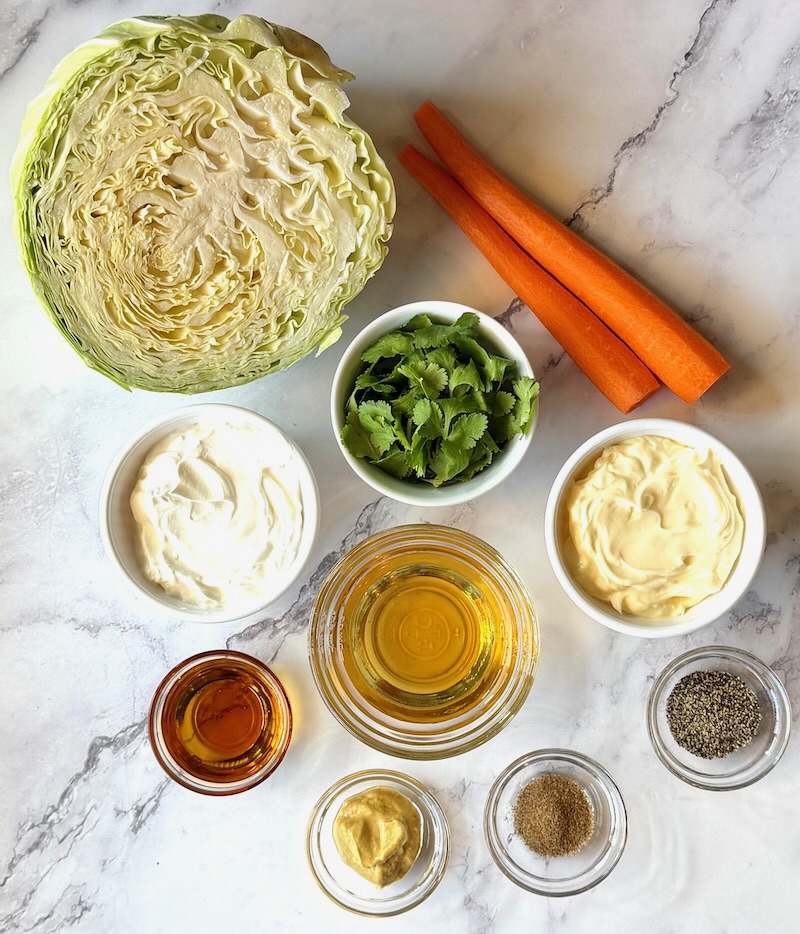 Coleslaw ingredients displayed. 