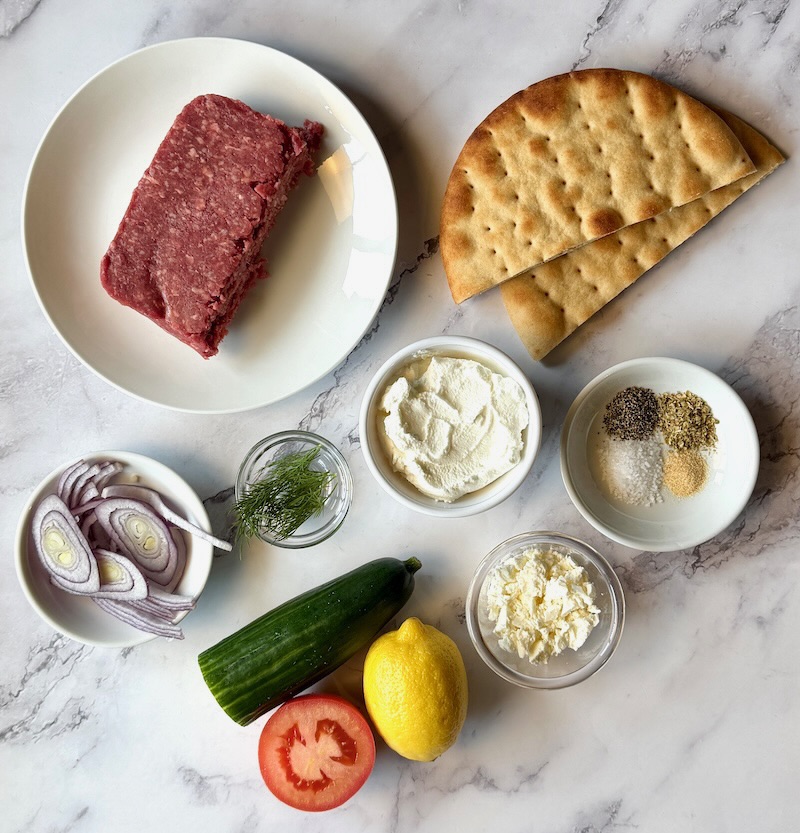 Ingredients displayed for Greek pita burgers with feta yogurt sauce